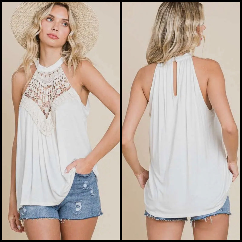 Halter Lace Embroidery Neck Trim Sleeveless Top - Lil Monkey Boutique