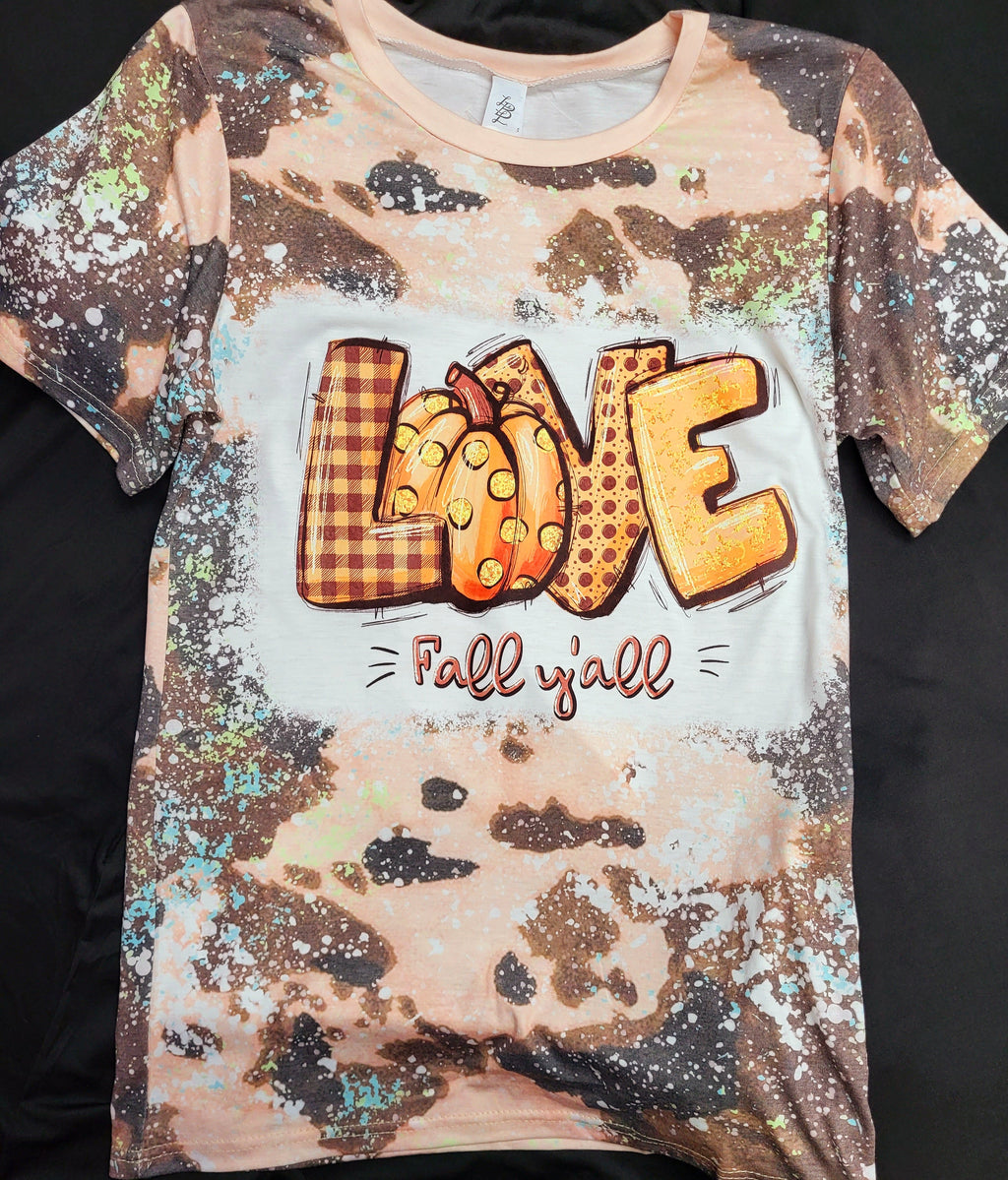 CUSTOM LOVE FALL Y'ALL  BLEACHED SHORT SLEEVE SHIRT - Lil Monkey Boutique
