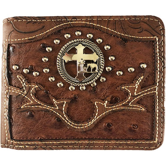 MENS WESTERN BIFOLD WALLET WITH CROSS HORSE AND COWBOY CONCHO - Lil Monkey Boutique