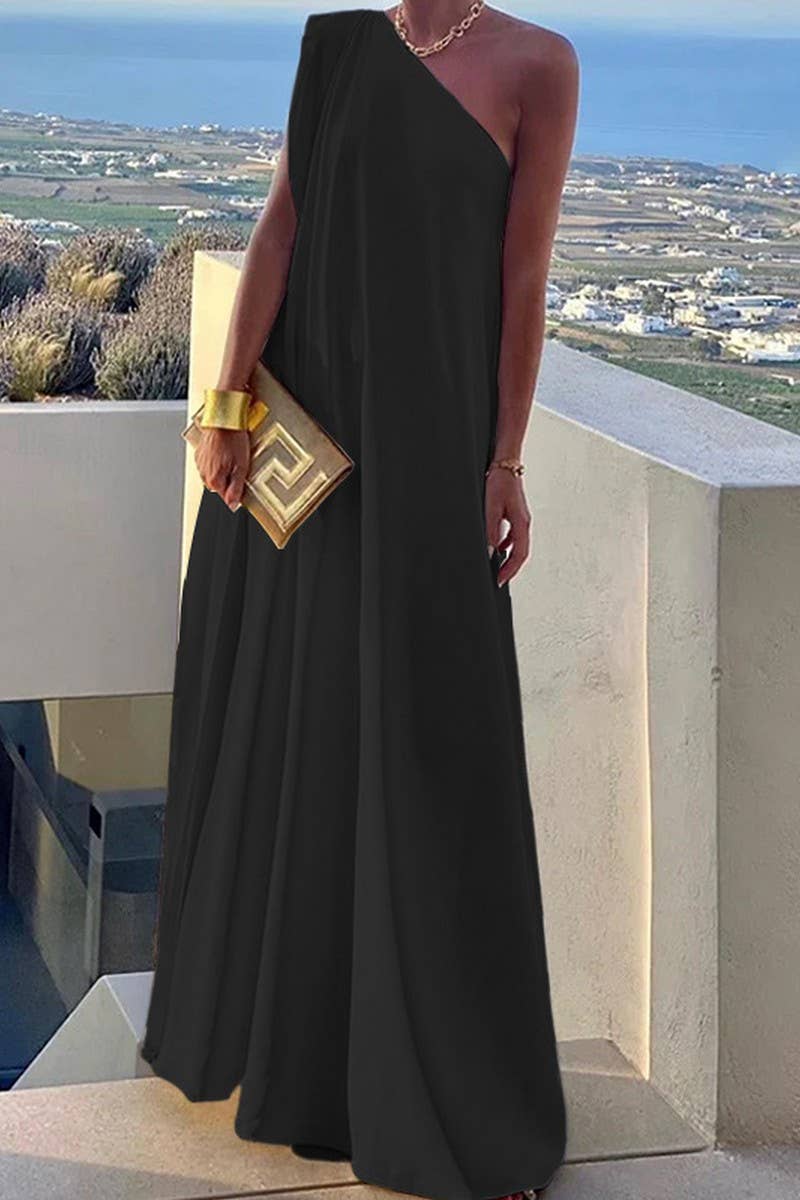 ONE SHOULDER SLEEVELESS PARTY MAXI DRESS Black / S ONE SHOULDER SLEEVELESS PARTY MAXI DRESS Black / S