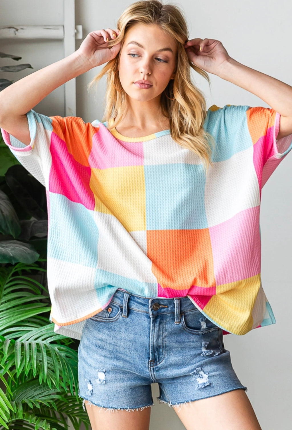 COLORFUL CHECKERED PRINT OVERSIZED TOP WITH SLITS ON THE SIDE - Lil Monkey Boutique