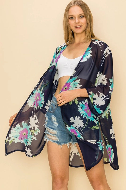 Floral Print Side Slit Kimono Cardigan - Lil Monkey Boutique
