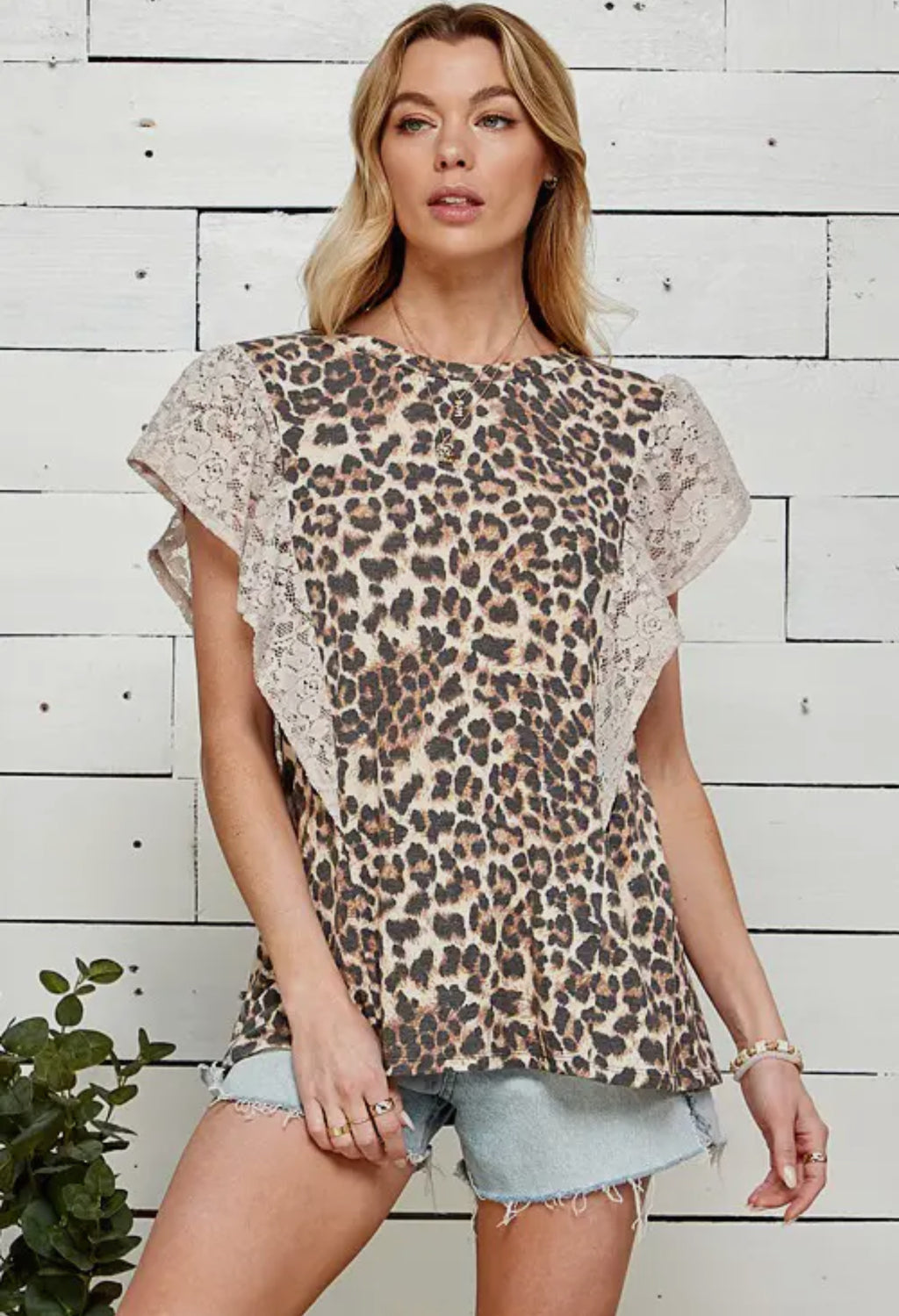 Leopard Print Top With Ruffled Lace Short Sleeve Top - Lil Monkey Boutique