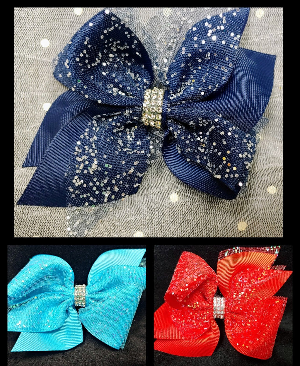 SPARKLE SOLID BOW W/BLING CENTER roughly 4in) - Lil Monkey Boutique