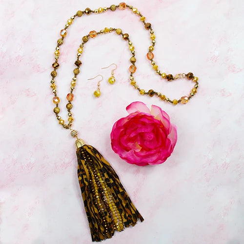 Leopard Tassel and Crystal Necklace Set - Lil Monkey Boutique