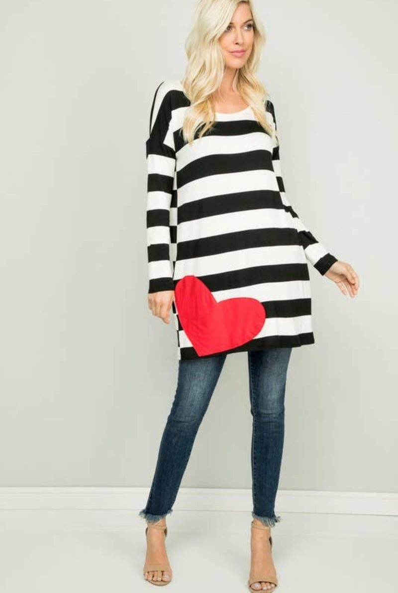 Long Sleeve Round Neck Stripe Print and Heart Patch Dress with Side Pocket Detail (or Blouse with Leggings Wear It Your Way!) S Long Sleeve Round Neck Stripe Print and Heart Patch Dress with Side Pocket Detail (or Blouse with Leggings Wear It Your Way!) S