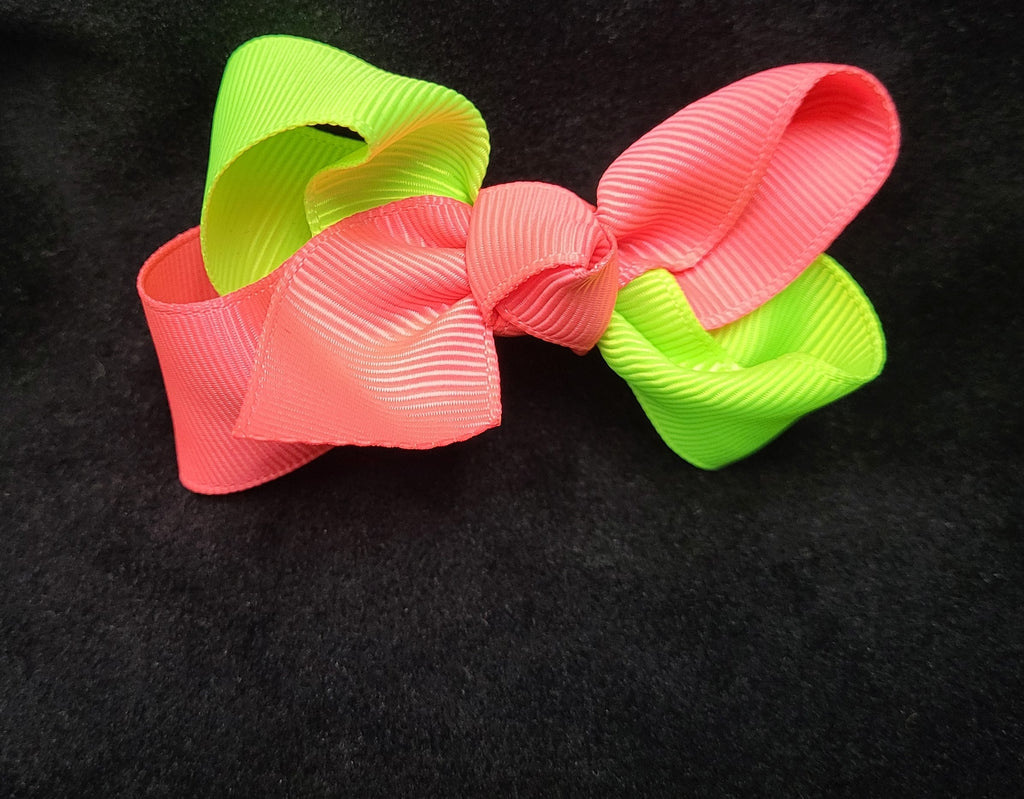 TWO TONE NEON COLOR GREEN AND HOT PINK BOW ( 3" ROUGHLY) - Lil Monkey Boutique