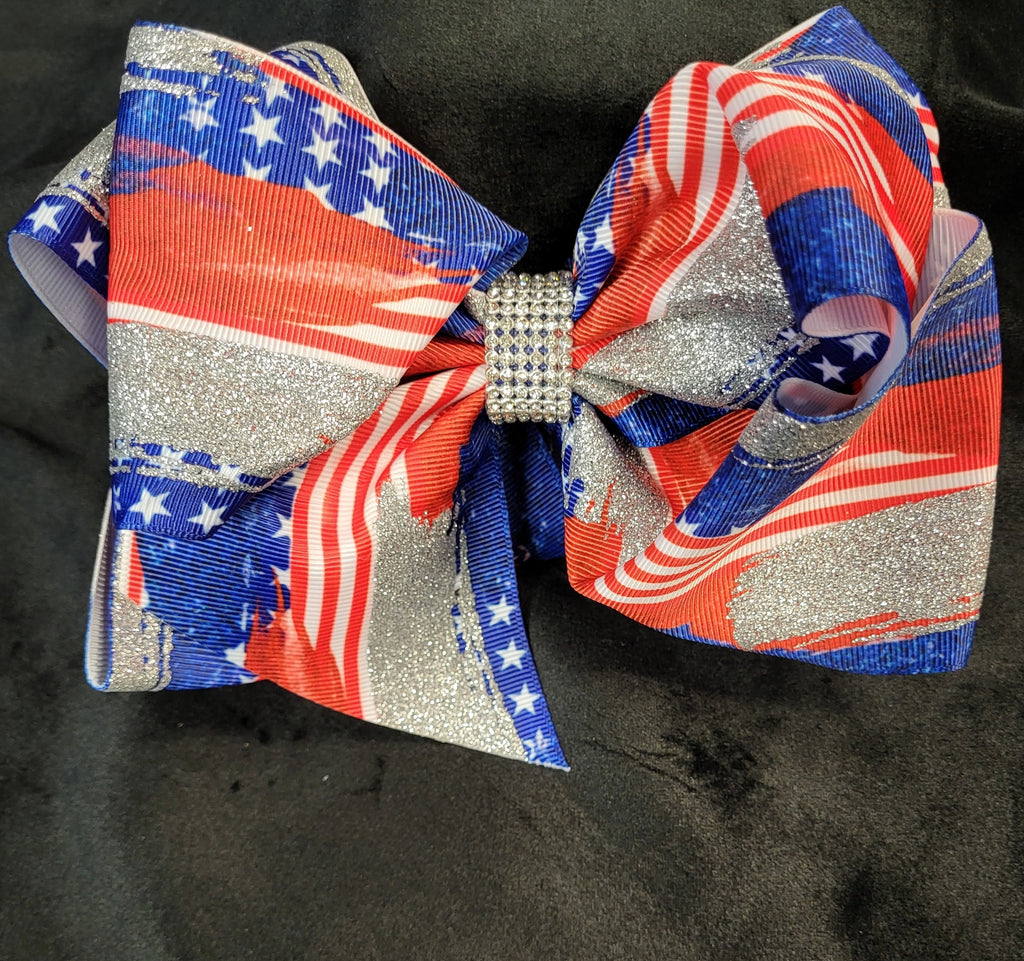 RED WHITE AND BLUE STAR WITH SILVER GLITTER AND RHINESTONE CENTER (ROUGHLY 7") - Lil Monkey Boutique