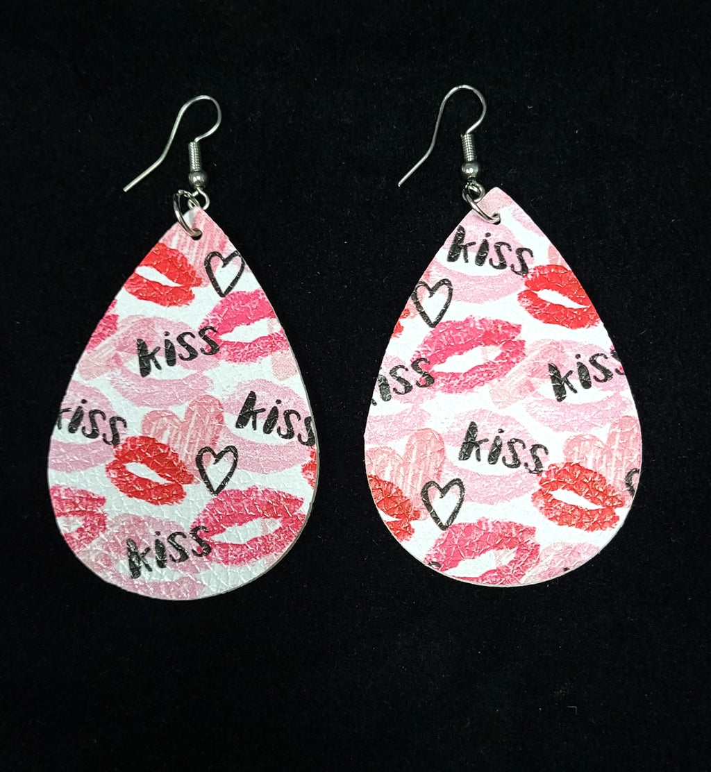 LIPS HEARTS KISS FAUX LEATHER TEARDROP EARRINGS (PRINTED ON BOTH SIDES) - Lil Monkey Boutique
