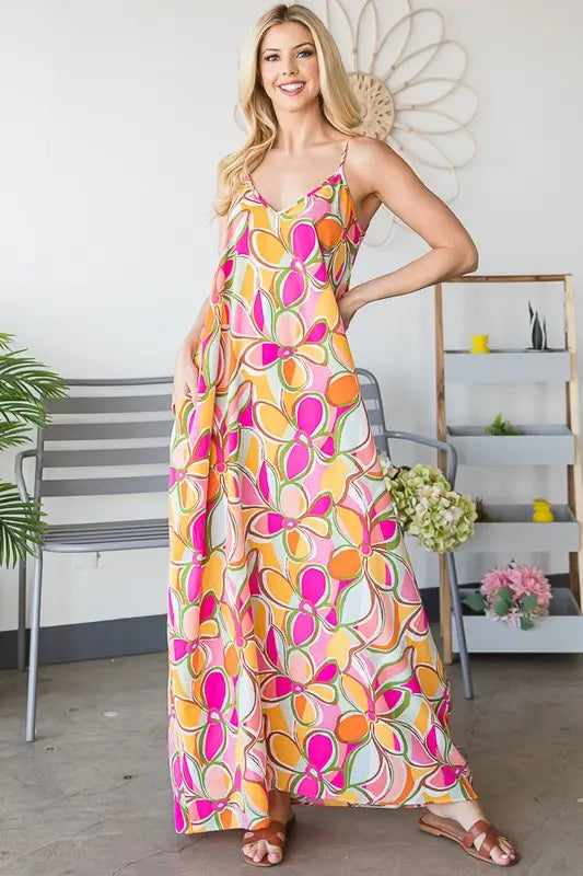 Sleeveless V Neck Multi Color Floral Print Maxi Dress with Side Pocket 3X Sleeveless V Neck Multi Color Floral Print Maxi Dress with Side Pocket 3X