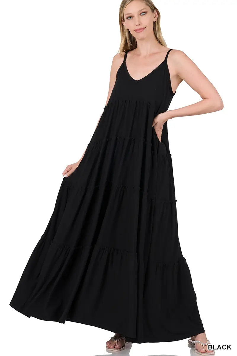 V-NECK TIERED CAMI MAXI DRESS WITH SIDE POCKETS