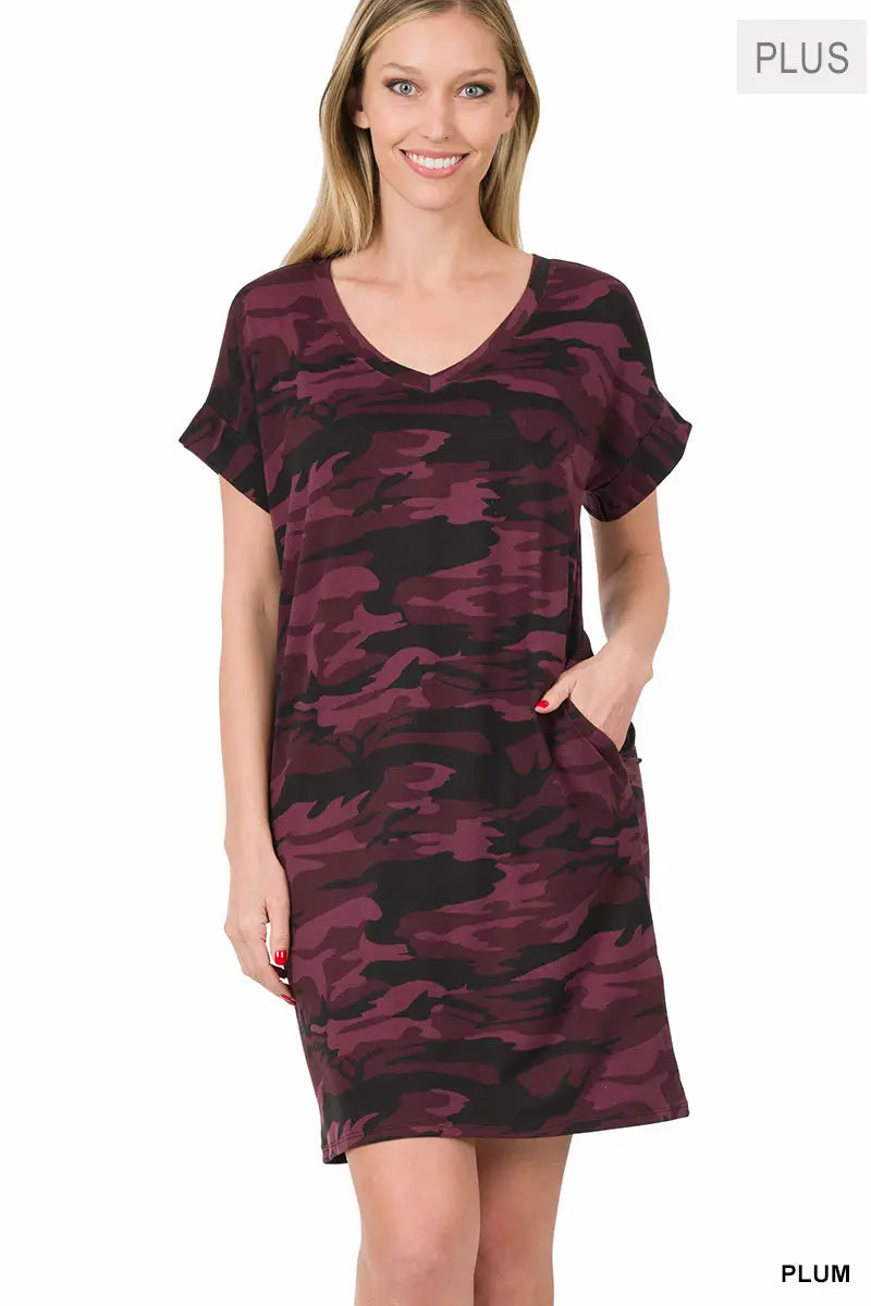 BRUSHED DTY CAMOUFLAGE ROLLED SHORT SLEEVE V-NECK DRESS WITH SIDE POCKETS | Lil Monkey Boutique BRUSHED DTY CAMOUFLAGE ROLLED SHORT SLEEVE V-NECK DRESS WITH SIDE POCKETS | Lil Monkey Boutique