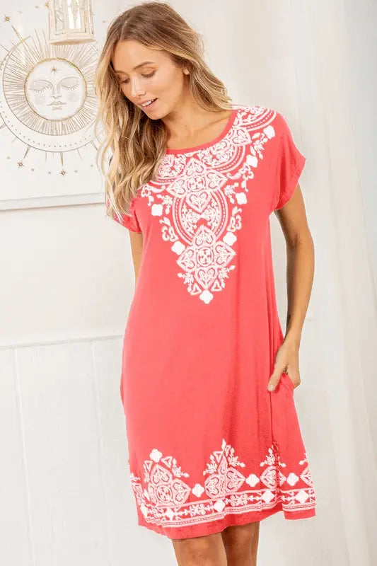 open lace back dress Short Sleeve Round Neck Damask Print Dress with Side Pocket and Keyhole Back Detail Coral / S open lace back dress Short Sleeve Round Neck Damask Print Dress with Side Pocket and Keyhole Back Detail Coral / S