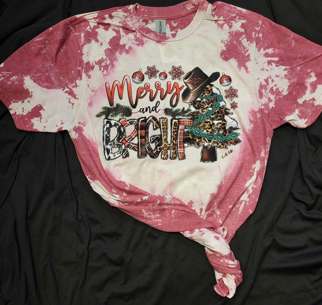 CUSTOM MERRY AND BRIGHT ON BLEACHED SHIRT - Lil Monkey Boutique