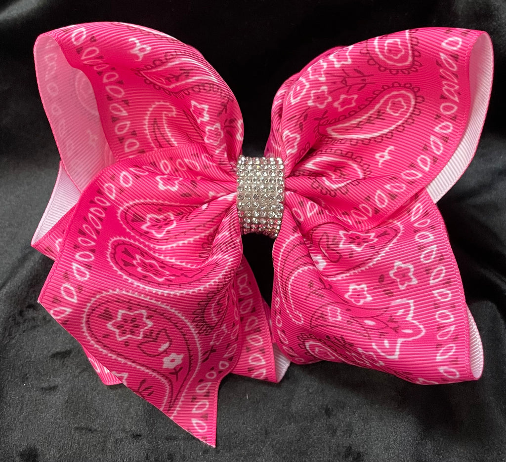 PINK BANDANA PRINT BOWS WITH RHINESTONE CENTER  (roughly 8”) - Lil Monkey Boutique