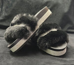 Women's Slip-On Slide Sandals with Fluffy Fur Trim and Rhinestones