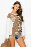 FLOWER AND ANIMAL COLOR BLOCK LONG SLEEVE TOP