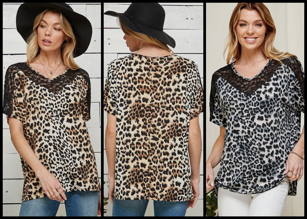 Women Leopard Print Knit Top With Lace Block Detail - Lil Monkey Boutique
