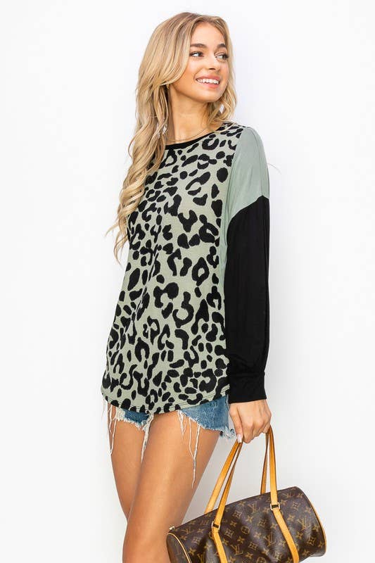 ANIMAL PRINTED COLOR BLOCK ON LONG SLEEVE TOP