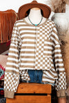 Checkerboard Stripe Patchwork Lantern Sleeve Pocket Blouse