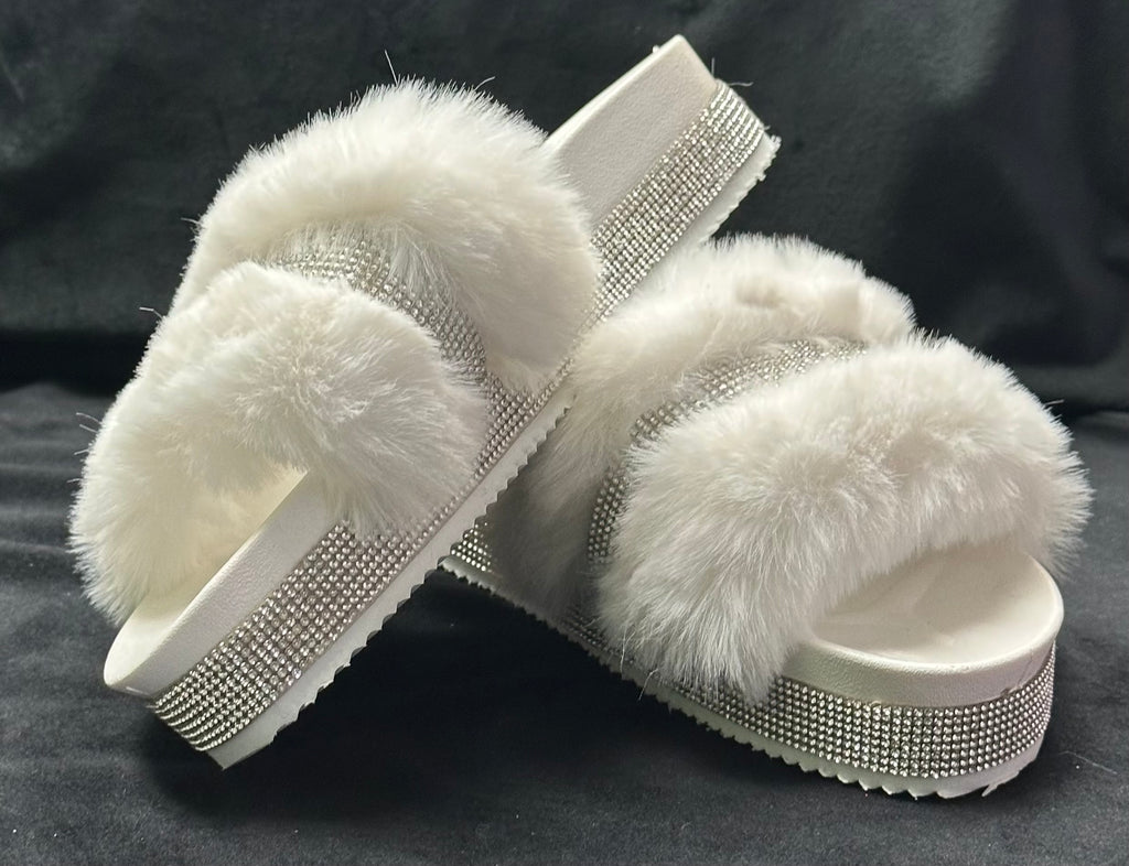 Women's Slip-On Slide Sandals with Fluffy Fur Trim and Rhinestones