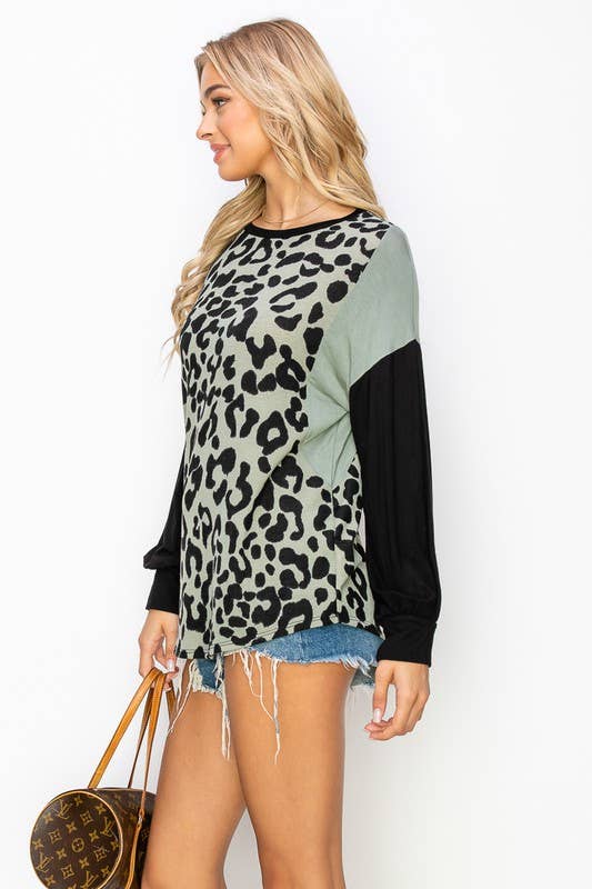 ANIMAL PRINTED COLOR BLOCK ON LONG SLEEVE TOP