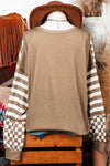 Checkerboard Stripe Patchwork Lantern Sleeve Pocket Blouse