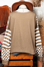 Checkerboard Stripe Patchwork Lantern Sleeve Pocket Blouse