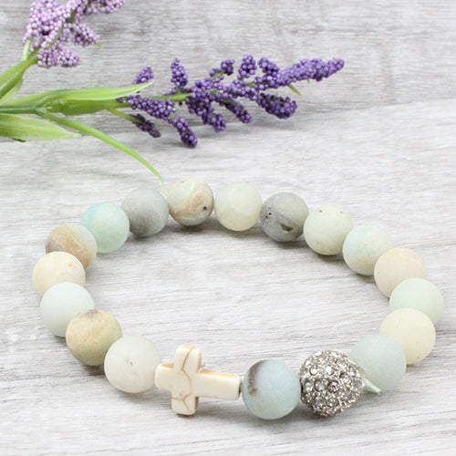 NATURAL STONE  BRACELET WITH CROSS - Lil Monkey Boutique