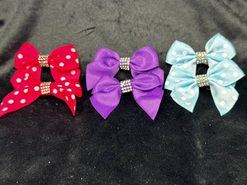 3 SETS OF SMALL POLKA DOT & SOLID COLOR BOWS WITH TAILS & RHINESTONE CENTER