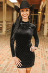 Velvet Rhinestone Studded Long Sleeve Dress