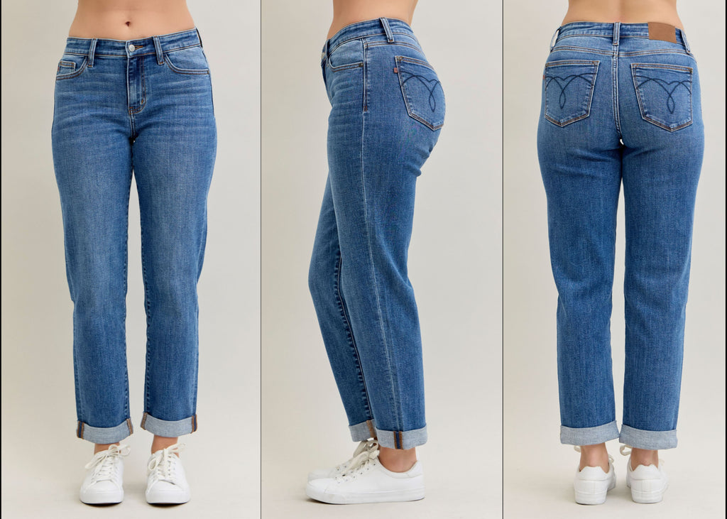 Judy Blue Mid Rise Boyfriend Classic Cuffed Jeans - Lil Monkey Boutique