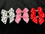 3 SETS OF SMALL POLKA DOT & SOLID COLOR BOWS WITH TAILS & RHINESTONE CENTER