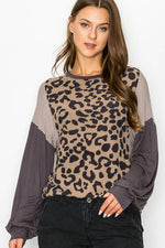 ANIMAL PRINTED COLOR BLOCK ON LONG SLEEVE TOP