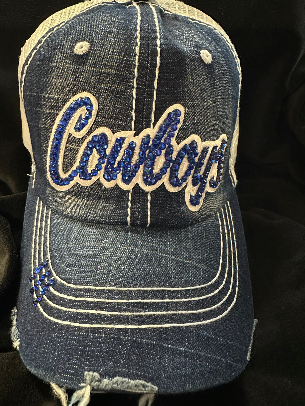 CUSTOM COWBOYS CRYSTAL BLING ON EMBROIDERED LETTERING BASEBALL HATS - Lil Monkey Boutique