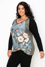 FLORAL PARTIALLY COLOR BLOCK TOP