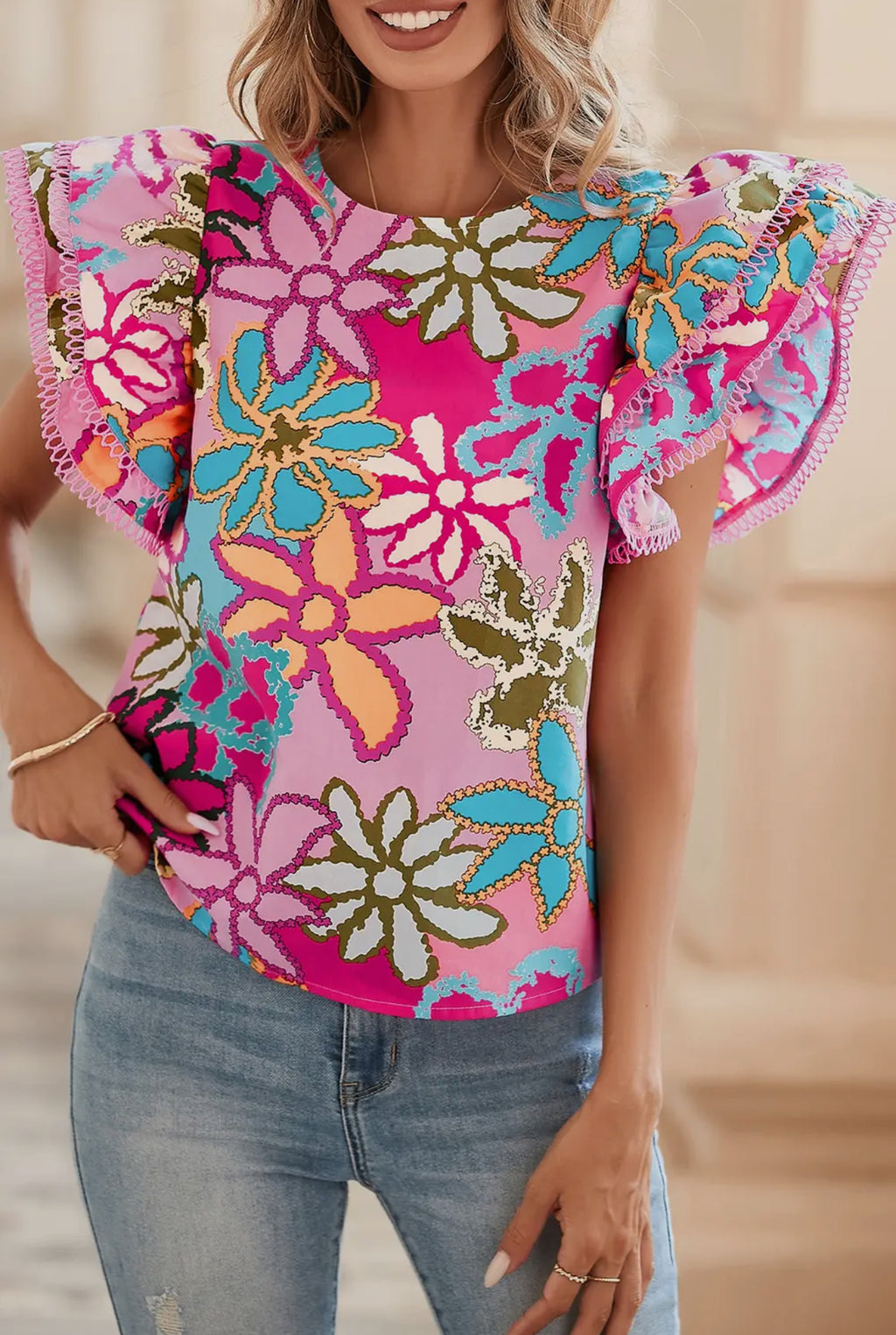 Multicolor Vibrant Floral Print Trimmed Ruffle Sleeve Blouse
