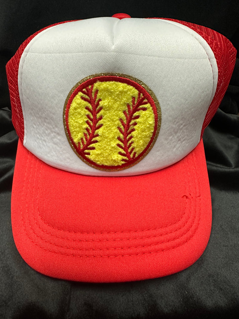 TRUCKER HAT WITH SOFTBALL EMBELISHMENTS