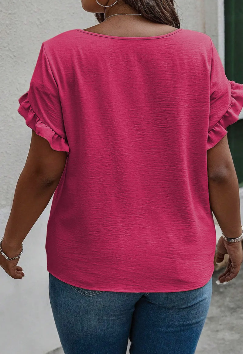 Solid Color Pink Ruffle Short Sleeve Blouse