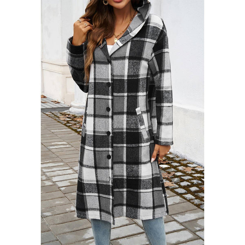 Button Hood Plaid Flannel Trench Coat