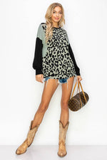 ANIMAL PRINTED COLOR BLOCK ON LONG SLEEVE TOP