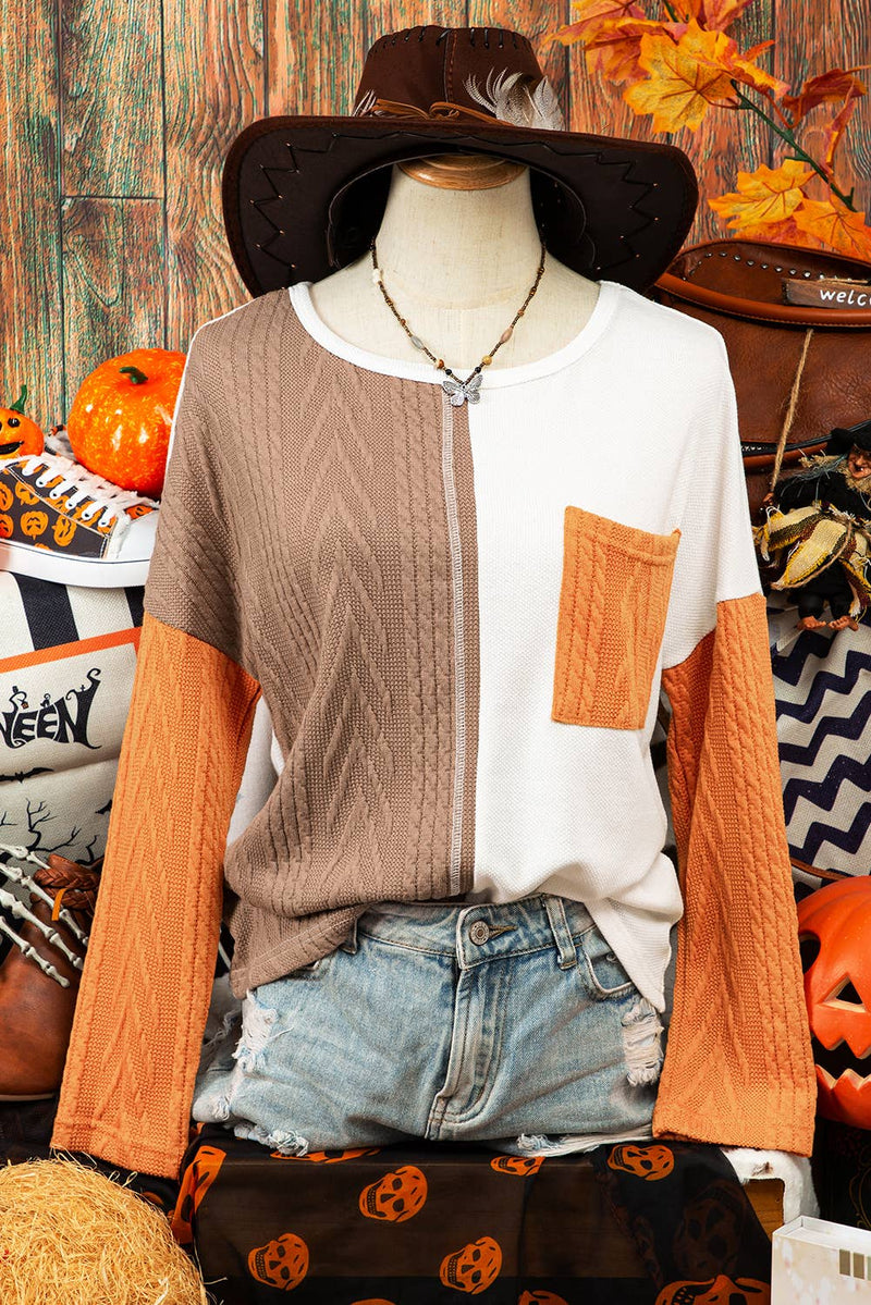 Long Sleeve Colorblock Pocket Textured Knit Top