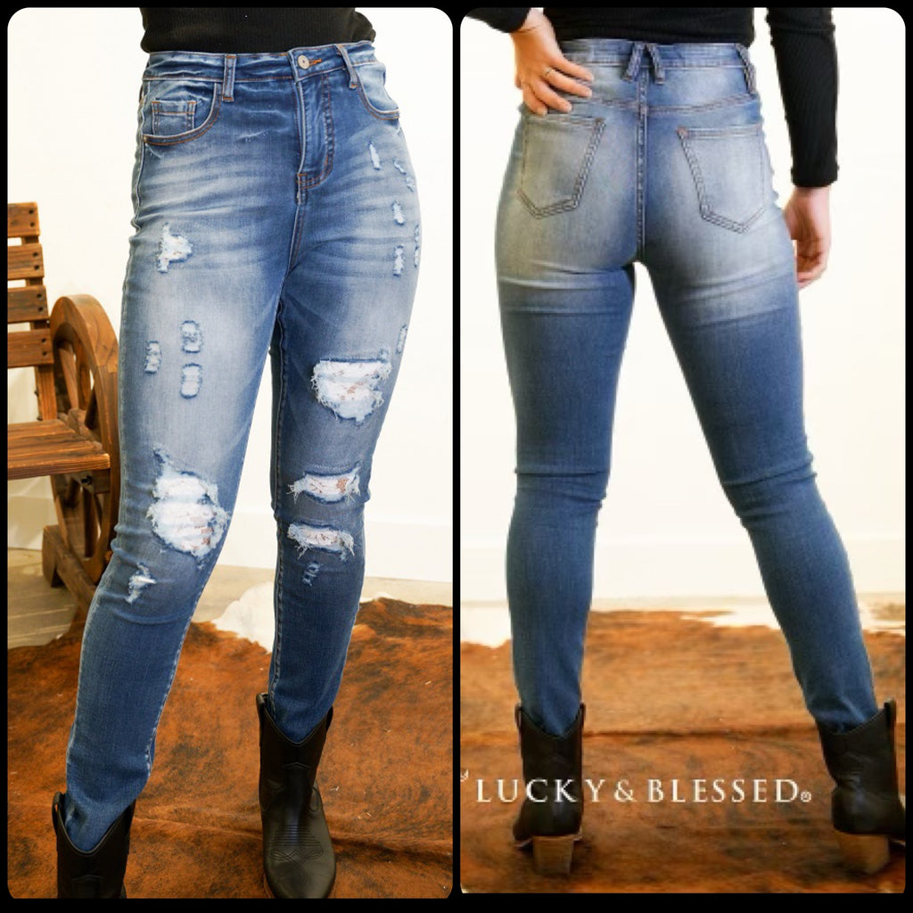 Lucky and Blessed High Rise Mid Wash Tummy Control Lace Patch Distressed Skinny Jeans - Lil Monkey Boutique
