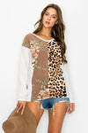 FLOWER AND ANIMAL COLOR BLOCK LONG SLEEVE TOP