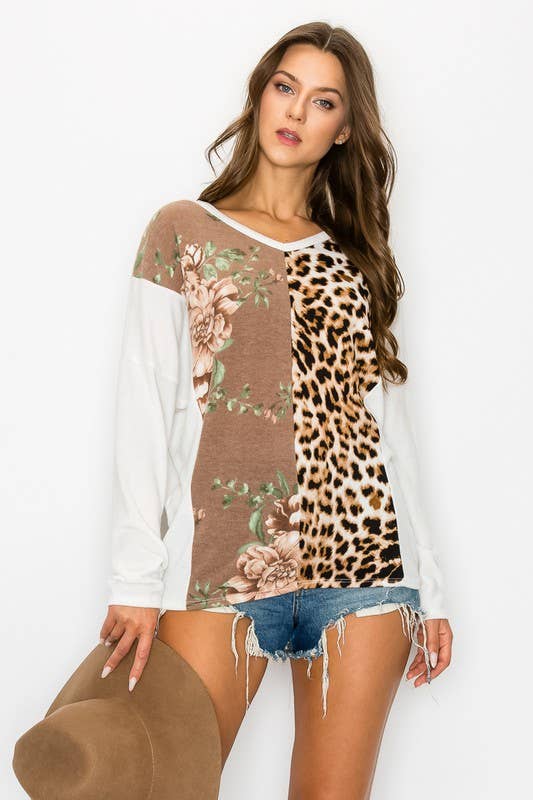 FLOWER AND ANIMAL COLOR BLOCK LONG SLEEVE TOP