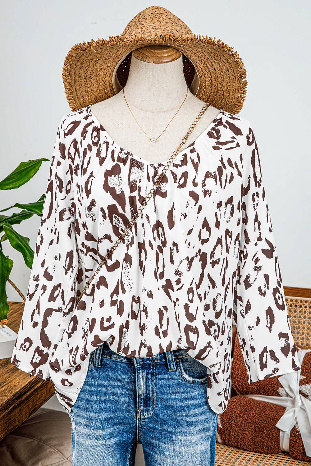 Leopard Print Ruched V Neck 3/4 Sleeve Blouse