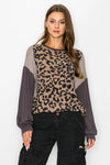 ANIMAL PRINTED COLOR BLOCK ON LONG SLEEVE TOP