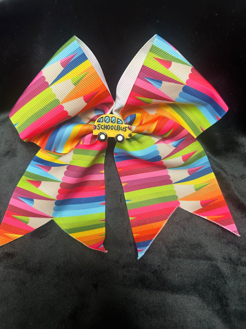 SCHOOL BUS CENTER MULTI COLOR PENCILS PRINT BOW WITH TAILS ROUGHLY 6”