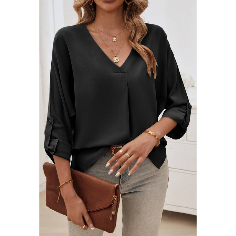 Deep V Neck Drop Shoulder Solid Loose Top