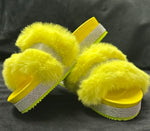 Women's Slip-On Slide Sandals with Fluffy Fur Trim and Rhinestones